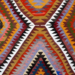 K&ouml;nnte beinhalten: Ein farbenfroher, geometrisch gemusterter Teppich mit symmetrischem Design. Der Teppich weist eine Vielzahl von Farben auf, darunter Rot, Orange, Gelb, Gr&uuml;n und Blau. Das Muster besteht aus Zickzacklinien und Dreiecken und erzeugt einen lebendigen Textil.