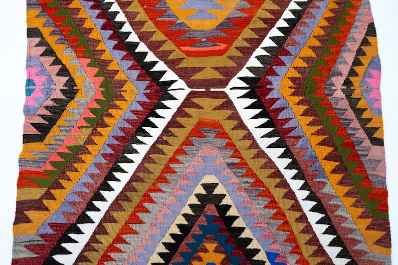 K&ouml;nnte beinhalten: Ein farbenfroher, geometrisch gemusterter Teppich mit symmetrischem Design. Der Teppich weist eine Vielzahl von Farben auf, darunter Rot, Orange, Gelb, Gr&uuml;n und Blau. Das Muster besteht aus Zickzacklinien und Dreiecken und erzeugt einen lebendigen Textil.