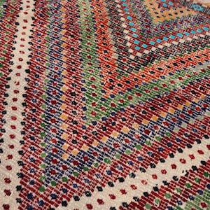 May include: Close-up of a colourful, patterned rug with a geometric design. The rug features a mix of red, green, blue, and yellow hues, creating a vibrant and textured surface. The design includes diagonal stripes and dotted patterns.