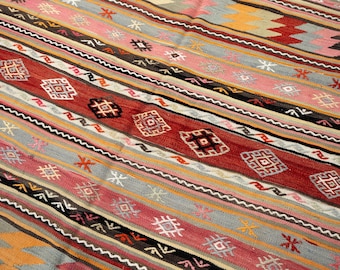 Alfombra vintage tejida a mano de 6x9 pies, Kilim a rayas, alfombra turca estilo boho, alfombra grande para sala de estar, 5'8" x 9'3"