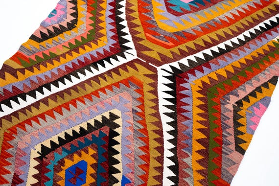 4x6 Vintage Wall Hanging Rug, Zigzag Design Rug, Handmade Turkish Kilim, Colorful Boho Carpet