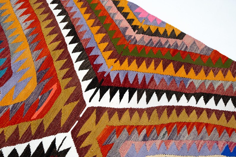 100x150 Vintage Wandteppich, Zickzack Design Teppich, Handgefertigter Türkischer Kelim, Bunter Boho Teppich Bild 15
