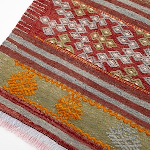 May include: Close-up of a woven rug with a geometric pattern. The rug features a red background with diamond-shaped designs in white, green, and gray. It has orange and gray stripes and a fringe edge. The rug is a traditional style.