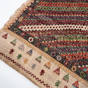 May include: A section of a vibrant, patterned rug with a beige border. The rug displays a geometric design with red, green, blue, and black stripes. The border features triangle and star motifs in various colours. The rug has a fringed edge.