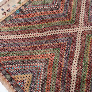 May include: Close-up of a colourful, patterned rug with a geometric design. The rug features a cream-coloured border with small, repeating shapes and a central pattern of intersecting lines in red, green, orange, and blue. The rug has a fringed edge.