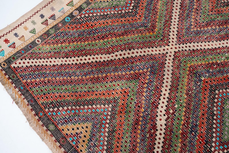 May include: Close-up of a colourful, patterned rug with a geometric design. The rug features a cream-coloured border with small, repeating shapes and a central pattern of intersecting lines in red, green, orange, and blue. The rug has a fringed edge.