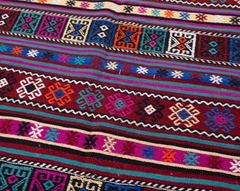 5x7 Vintage Boho Rug, Colorful Striped Kilim Rug, Bedroom Rug, Anatolian Turkish Rug, Home Decor, 4'4" x 6'7"