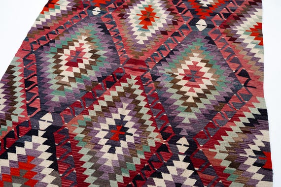 5x9 Geometric Kilim Rug, Vintage Wool Rug, Handwoven Turkish Kilim, Boho Decor, 5'3" x 9'3"