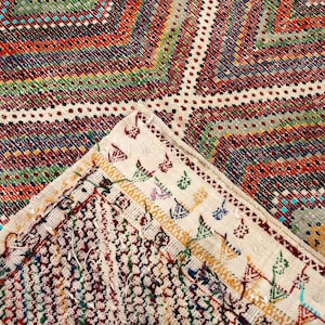 May include: A close-up shot of a patterned rug with geometric designs in various colours. The rug displays red, green, blue, and cream hues. The edges of the rug are visible, revealing a detailed border.