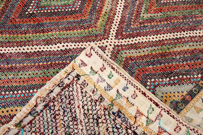 May include: A close-up shot of a patterned rug with geometric designs in various colours. The rug displays red, green, blue, and cream hues. The edges of the rug are visible, revealing a detailed border.