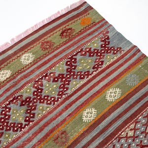 May include: A section of a woven rug with a geometric pattern. The rug features a combination of colors, including red, green, gray, and orange. The design includes stripes and diamond shapes. The rug has a pink fringe.