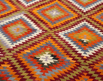 6x8 Vintage Turkish Geometric Kilim Rug, Handwoven Multicolor Boho Kilim, 5'5" x 7'8"