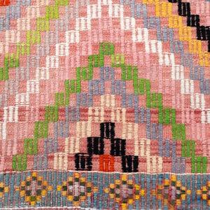 May include: Close-up of a woven textile with a geometric pattern. The design features a repeating pattern of pink, white, green, black, and yellow shapes. The textile has a textured appearance, suggesting a handmade or artisanal quality.