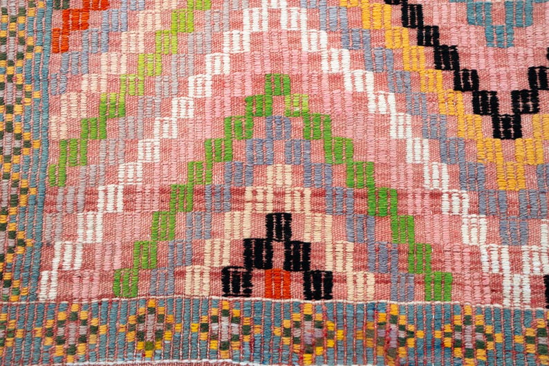 May include: Close-up of a woven textile with a geometric pattern. The design features a repeating pattern of pink, white, green, black, and yellow shapes. The textile has a textured appearance, suggesting a handmade or artisanal quality.