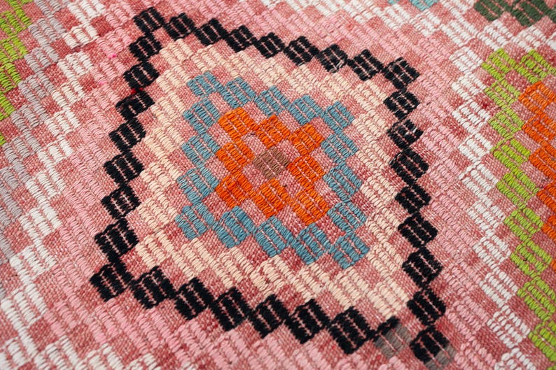 May include: Close-up of a woven textile with a geometric pattern. The design features a central square with orange and blue accents, surrounded by a black border. The background is a mix of pink, white, and green.