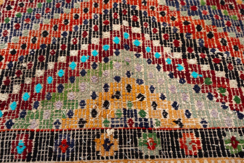 May include: Close-up of a patterned rug with a vibrant colour scheme. The rug displays a geometric design with red, orange, blue, green, and yellow hues. The pattern is detailed, featuring small squares and shapes.