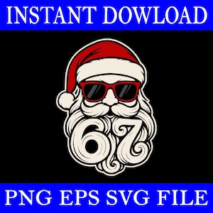 Könnte beinhalten: Grafik von Santa Claus mit Sonnenbrille, roter Mütze und weißem Bart. Die Zahl "67" ist in das Bartdesign integriert. Der Text "INSTANT DOWNLOAD" und "PNG EPS SVG FILE" ist in Blau dargestellt.