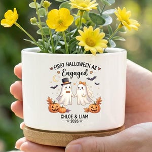 Personalized Halloween Engaged Planter, Engaged Couple Gift, First Halloween Engagement Keepsake, Custom Plant Pot