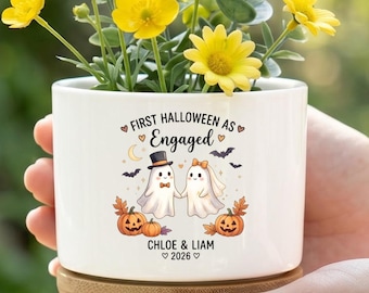 Gepersonaliseerde Halloween bloempot voor verloofden, cadeau voor verloofde stellen, aandenken aan de eerste Halloween van de verloving, bloempot op maat