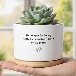 May include: A white ceramic planter with a succulent plant, resting on a wooden base. The planter has the text "Thank you for being such an important piece of my story." and a puzzle piece graphic.