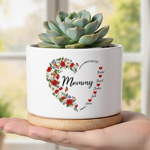 Gepersonaliseerde moederbloemplanter met kindernamen, aangepaste keramische pot met bloemenhart, Moederdag aandenken cadeau van kinderen
