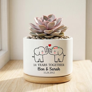 Maceta personalizada con forma de elefante para parejas, regalo de aniversario, maceta personalizada para suculentas, recuerdo romántico de boda.