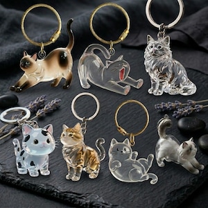 Puede incluir: Colección de llaveros con forma de gato en varias poses y colores. Los llaveros están hechos de materiales transparentes y coloreados, con anillos metálicos. Algunos gatos son transparentes, otros tienen patrones detallados.