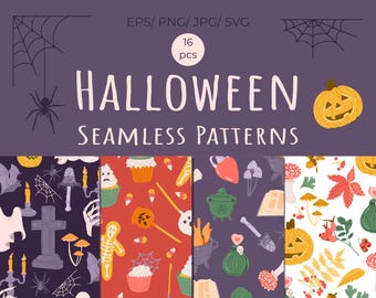 Halloween Seamless Patterns, Spooky Digital Paper (jpg, png, eps, svg)