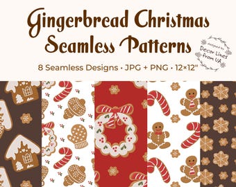 Gingerbread Christmas Seamless Patterns – Holiday Digital Paper, Cookies, Winter Scrapbook Paper