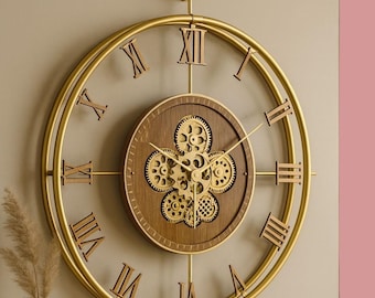 Oversized Gold Gear Wall Clock, Large Roman Numeral Clock, Rustic Industrial Decor