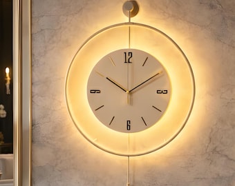 Large Cream Metal Wall Clock, Modern Spiral LED Art, Silent Backlit Timepiece