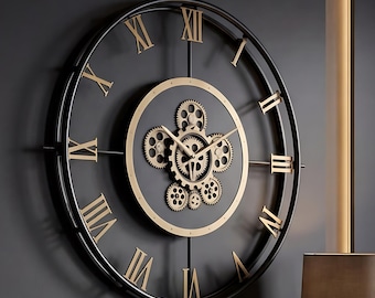 Oversized Industrial Gear Wall Clock - Black Metal Roman Numeral Clock, 24-inch