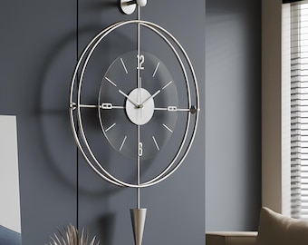 Metal Wall Clock Large, Silver Modern Spiral, Unique Oversized Decorative Art, Silent Unusual Timepiece