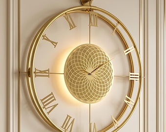 Gold Metal Wall Clock Large LED, Light Up Modern Spiral, Unique Oversized Decorative Art, Silent Unusual Backlit Timepiece,