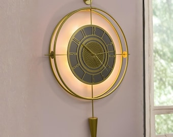 Oversized Gold Metal Wall Clock, Modern LED Spiral Art, Silent Backlit Timepiece