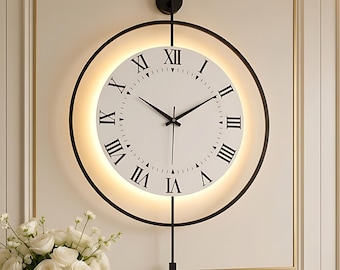 Black Metal Wall Clock Large LED, Light Up Modern Spiral, Unique Oversized Decorative Art, Silent Unusual Backlit Timepiece,