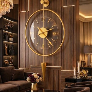 Överdimensionerad väggklocka i guldfärgad metall, modern spiralformad LED-konst, tyst bakgrundsbelyst klocka