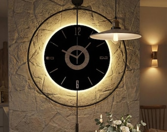 Black Metal Wall Clock Large LED, Light Up Modern Spiral, Unique Oversized Decorative Art, Silent Unusual Backlit Timepiece