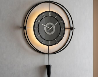 Large Black Metal Spiral Wall Clock, Modern LED Backlit Art Timepiece