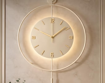 Reloj de pared extragrande de metal color crema, diseño moderno en espiral con LED, reloj silencioso retroiluminado.