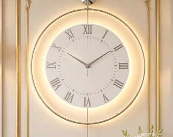 Silver Metal Wall Clock Large LED, Light Up Modern Spiral, Unique Oversized Decorative Art, Silent Unusual Backlit Timepiece,