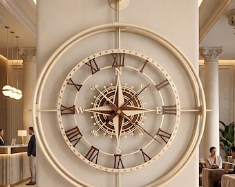 Oversized Compass Metal Wall Clock, Cream Beige Nautical Roman Numeral Decor