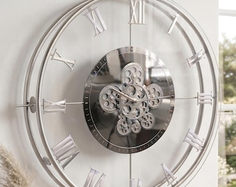 Large Silver Metal Wall Clock, Modern Spiral Moving Gears, Oversized Decorative Art timepiece