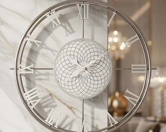 Reloj de pared LED de metal plateado de gran tamaño, decoración artística silenciosa moderna