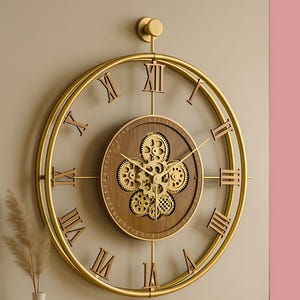 Übergroße, goldfarbene Wanduhr mit beweglichem Zahnrad, moderner Industriestil, geräuschloses Uhrwerk, Wohnzimmerdekoration
