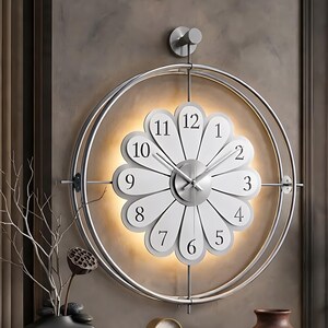 Large Silver Metal LED Wall Clock Modern Spiral Backlit Oversized Silent Decorative Art Unique Timepiece