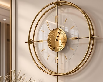 Oversized Gold Metal Wall Clock, Pendulum Wall Clock, Housewarming Gift, Modern, Silent, Unique, Decorative Wall Art, Living Room Decor