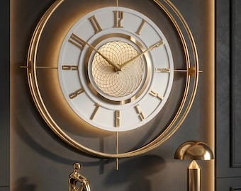 Oversized Gold Metal Wall Clock, Modern Spiral LED Art, Silent Backlit Timepiece