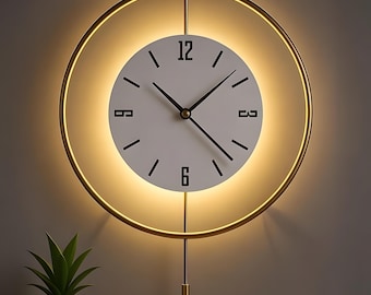Reloj de pared LED dorado de gran tamaño, arte metálico retroiluminado y silencioso