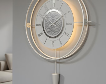 Large Silver Metal Wall Clock, Modern Spiral LED Art, Silent Backlit Timepiece